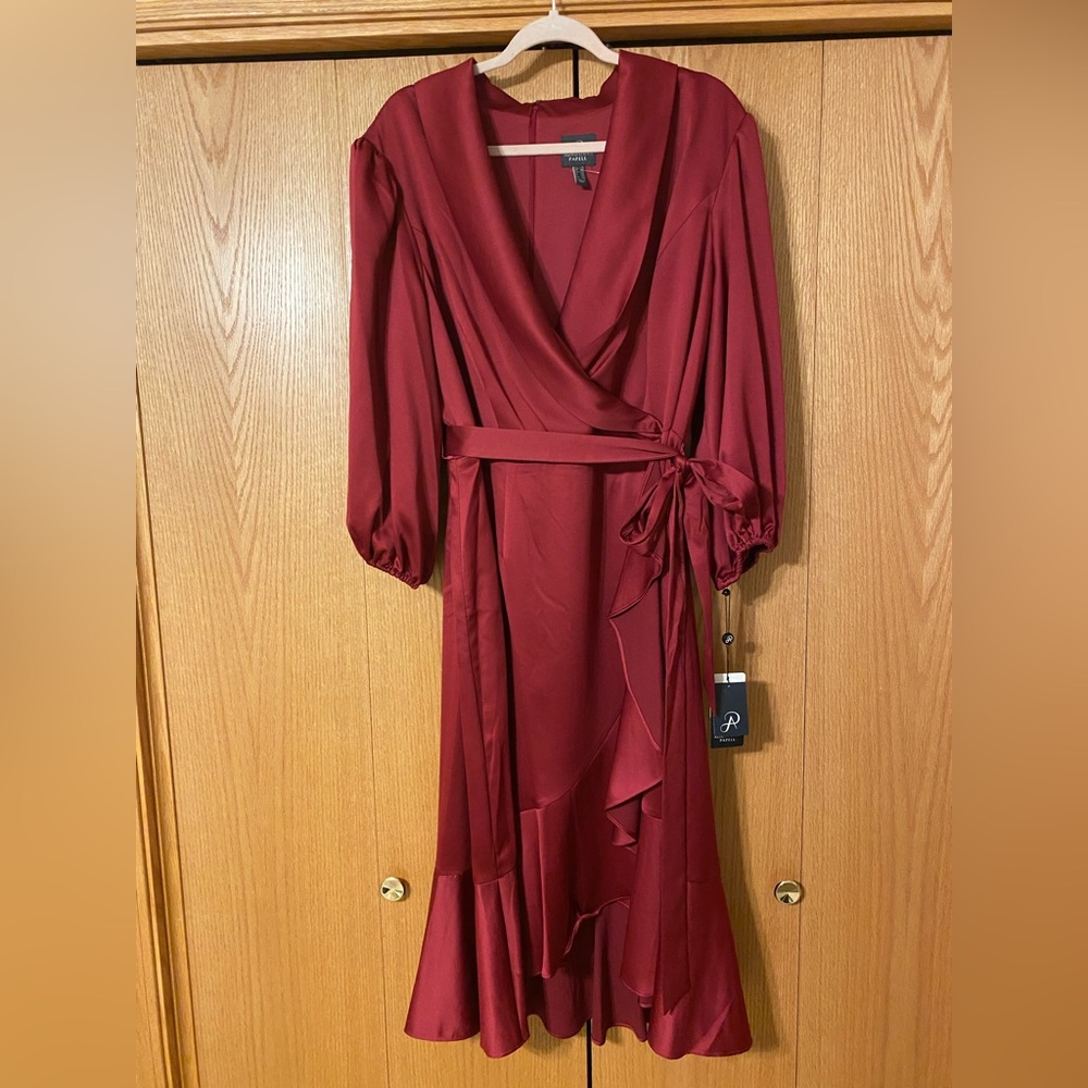 NWT Adrianna Papell Dress Plum Faux Wrap Crepe Satin Ruffle Belt 20W